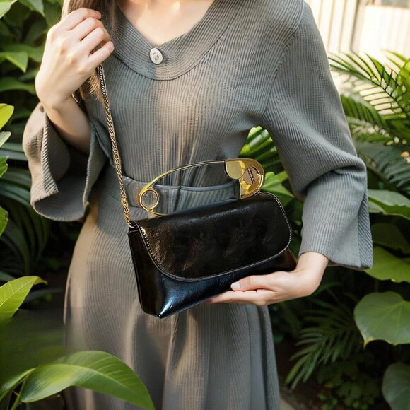 Women's Small Black Soft Pin Shaped Vegan Leather Crossbody Purse Bag with Gold - Picture 2 of 7